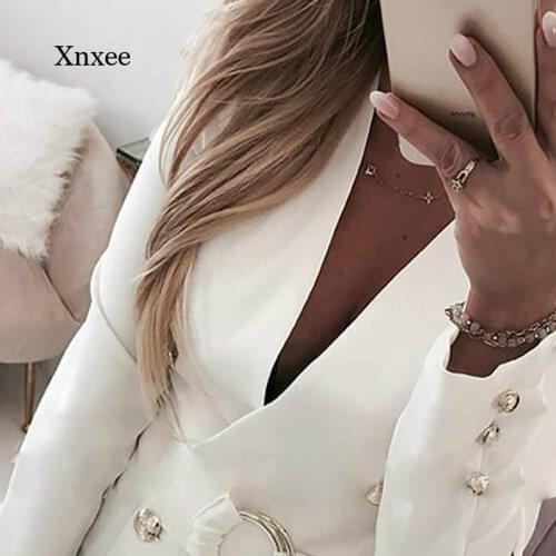 Spring and Autumn Womens Deep V-Neck Office Ladies Long Sleeve Blazer Dress Elegant Button Design White Dress with Belt
