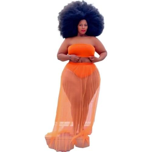 5XL Plus Size Skirts Sets Women Sleeveless Strapless Tank Crop Tops Summer New Mesh Splice Beach Sexy 2 Piece Skirt Suit Outfits