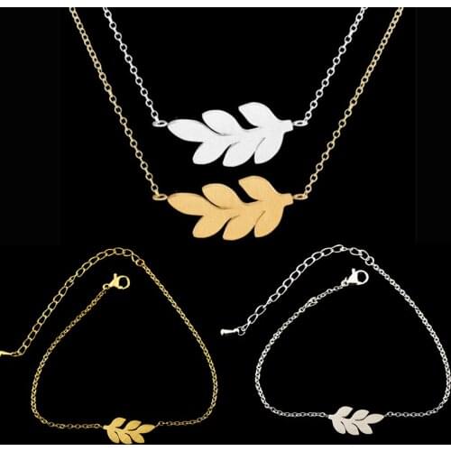 Vintage Women Charms Leaf Leaf Chain Bracelet Stainless Steel Choker Necklaces Pendants Handmade Jewelry Sets Retro Accessories
