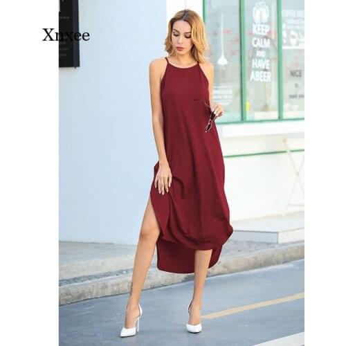 Solid Color Boho Sling Robe New Spring Summer Loose Slim Dress Fashion Women Beach Sleeveless Casual Slit Long Sexy Dresses