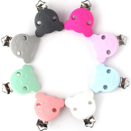 15pcs 47mm cute bear Silicone Teether metal clip silicone Pacifier accessorie for rodent DIY Baby Teether Necklace Pendant Clamp