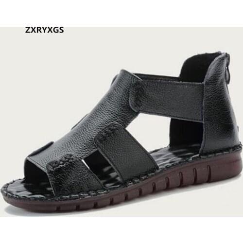 2021 New Fish Mouth Breathable Comfortable Summer Mother Sandals Flat Soft Sole Genuine Leather Shoes Fashion Casual Sandals
