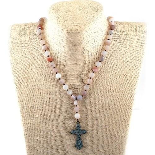 Free Shipping Fashion Blue Natural Irregular Druzy Bead Long Knotted Cross Charm Punk Necklaces