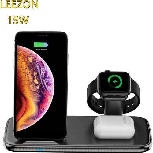 4 in 1 Fast Wireless Charger 15W Multifunctional Desktop Charge For Apple Watch Samsung Iphone Airpods Black Charging Station