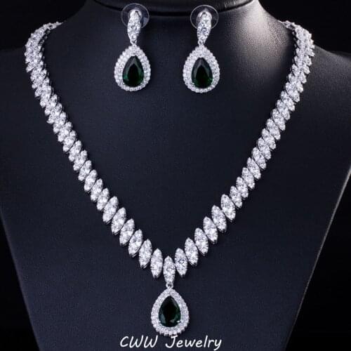 CWWZircons Fashion Wedding Party Jewelry Water Drop Dark Blue Silver Color Bridal Crystal Necklace Earring Sets for Women T213
