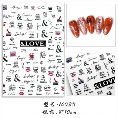2021 80mm*100mm Artistic Writing Theme nail Sticker-Decals Wrap 3D Nail Art Supplies 8Color Letter Number Nail Sticker F4-003(1)