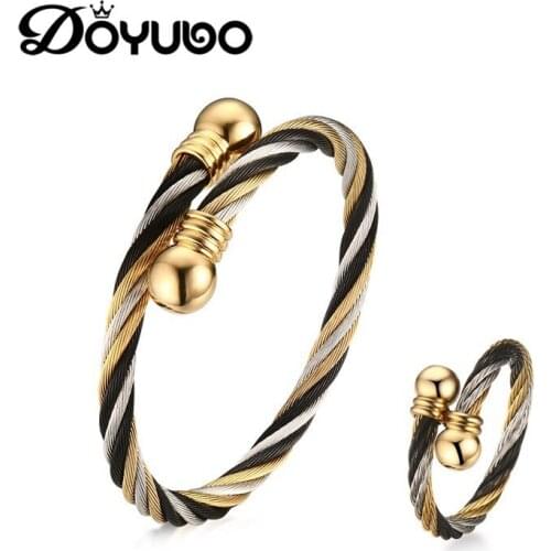 DOYUBO Punk Design Stainless Steel Bangle&Ring Jewelry Sets For Women / Men Gold Color Torsion Wire Bracelets & Ring Sets DD069