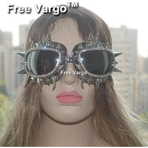 Holographic Rhinestone Rave Streampunk Burning Man Rivet Spike Costume Cyber Goth Goggles Masquerade Mask For Women