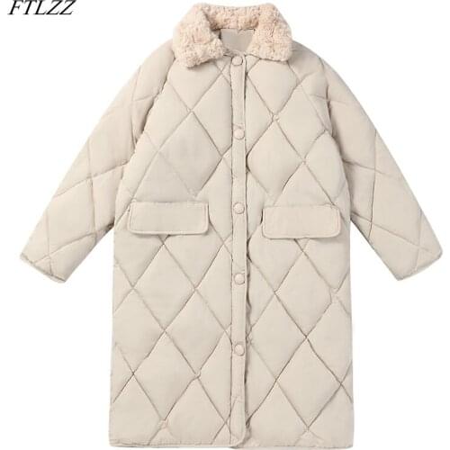 FTLZZ Winter Jacket Women Cotton Padded Coat Casual Loose Thick Warm Snow Outwear Vintage Button Zipper Long Solid Jacket