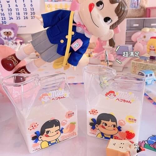 Strawberry Square Milk Carton Glass Water Cup Creative Cute Home Breakfast Juice Coffee Mugs Clear Heat Resistant Tea Cup