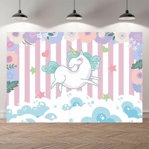 NeoBack Cartoon Unicorn Color Stripes Sky Cloud Photo Backdrop Birthday Photography Background for Children Party Decorations