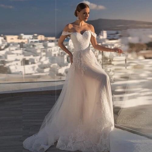 New Arrival Gorgeous Lace Off Shoulder Bridal Wedding Dresses Sweetheart Corset Back Wedding Gowns for Bride Appliqued 2021