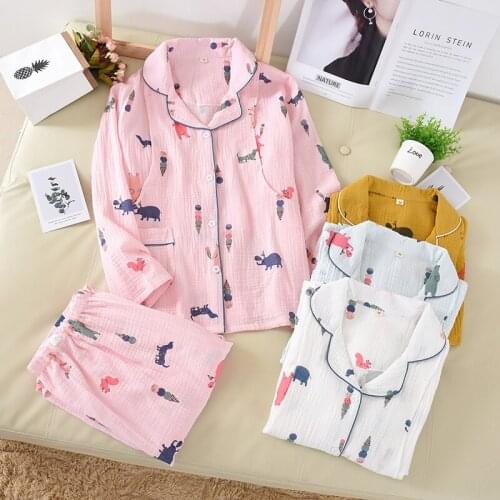 Spring New Double-decker Crepe Cloth Maternity Set Clothes 100% Cotton Cartoon Printing Pajamas Long-sleeved Trousers Sleepwear
