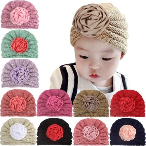 Newborn baby knit cotton cap hat Baby Boy Girl Knitted warm Turban Flower Hat Winter Warm Beanie Headwear Cap
