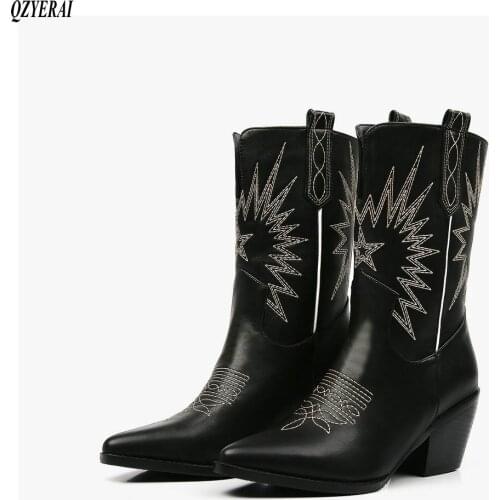 Autumn Women Boots Pu Leather Wedge High Heel Ankle Boots Pointed Toe Winter Cowboy Boots Fashion Western Boots Black White 2019