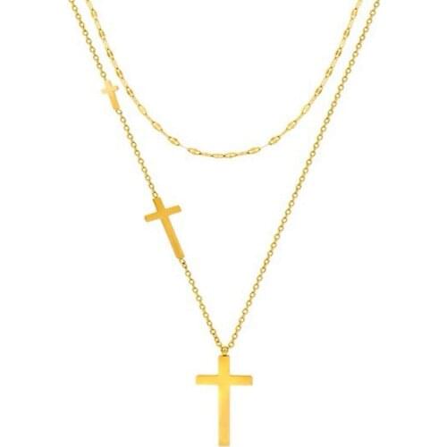 316L Stainless Steel Double Layer Cross Necklace Titanium Steel Stacked Band Simple Faith Necklace