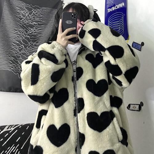 Gothic Faux Fur Coats Parkas Autumn Winter Thick Jacket Casual Fashion Lamb Fluffy Sweet Korean Loose Heart Pattern Warm Parka