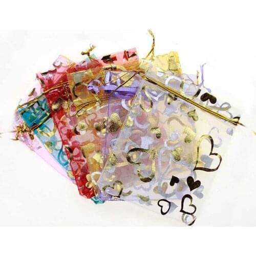 9*12cm 50pcs Heart Bronzing Gift Bags For Jewelry/wedding/christmas/birthday Yarn Bag With Handles Packaging Organza Bags