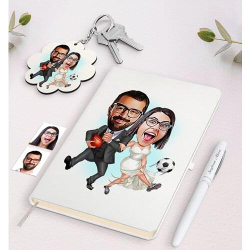 Personalized Custom Sweetheart Caricature Of White Notebook pen And Keychain Gift Seti-15 Daily souvenir Gift Moment Reliable design