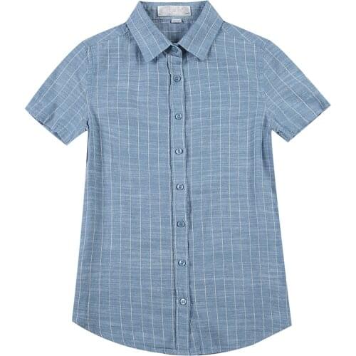 2021 Summer Woman Good Quality Cotton&Linen Short-Sleeved Vertical Striped Slim-Fit Shirt