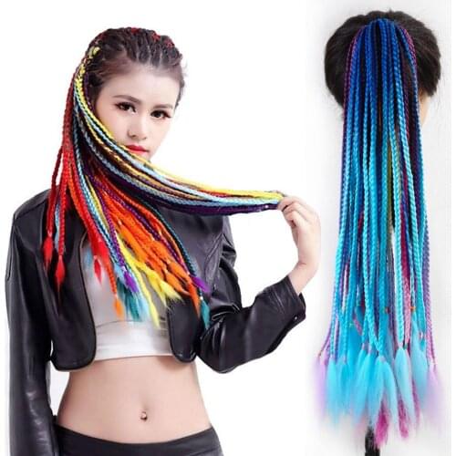 Ponytail Hairpiece Synthetic Extension Hair With Rubber Band Hair Ring 24" Ombre Box Crochet Braiding Hair Ponytail Rainbow