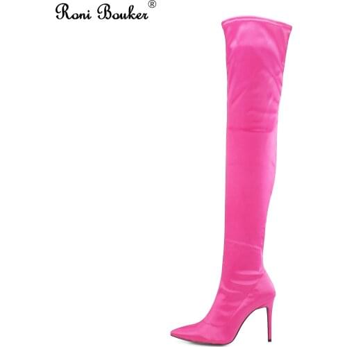 Roni Bouker Over The Knee Women Boots Stretch Fabric High Heels Slip on Shoes Pointed Toe Pink Satin Woman Long Boot Size35-42