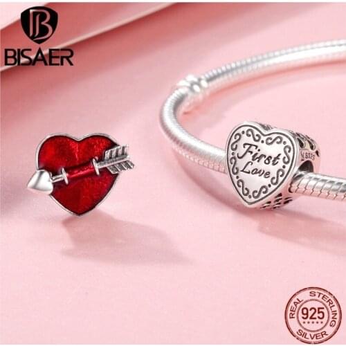 100% 925 Sterling Silver Red Love Heart, First Love Arrow Beads Charm Fit Women Bracelet Charms Silver 925 Original Fine Jewelry