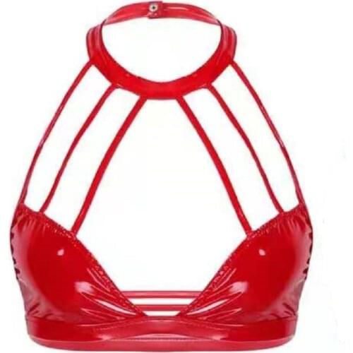 Women Sexy Glossy Deep U Leather Bra Push Up Erotic Hot Porn Plunge Half Cup Breast Exposing Shiny Latex Halter Neck Tops Sexi