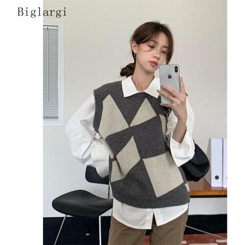 Autumn Winter Plaid Knitted Vest Sweater Women Korean Waistcoat Pullovers Sleeveless Gilet Female Top New 2021 Kamizelka Damsk