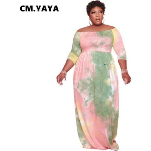 CM.YAYA Women Plus Size Dress Tie Dye Slash Neck Three Quarter Sleeve Stretchy Long Maxi Dresses Fashion Vestidos Autumn Outfits