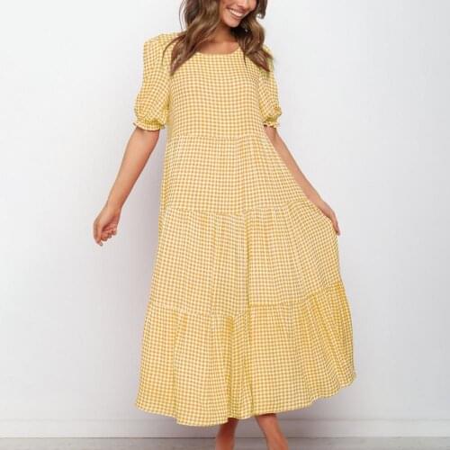 Summer Loose Plaid Print Dress Puff Sleeve Pockets Women Ruffle Wide Hem Dress Summer Casual Short Sleeve Dress Ladies Vestidos