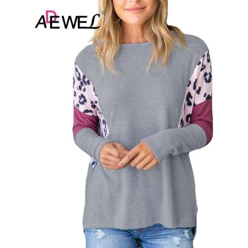 ADEWEL Harajuku Color Block Leopard Print Sleeves Top Round Neck Plus Size Woman Tshirts Mujer Camisetas Vetement Femme 2XL
