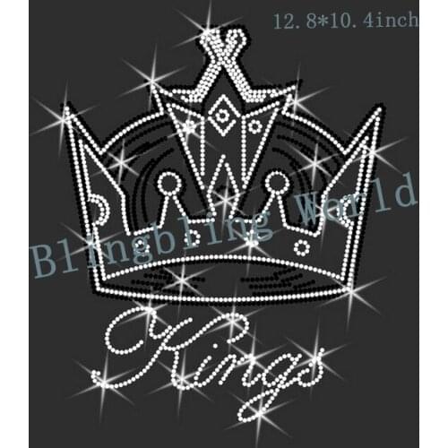 Free shipping crown king words black with white clear crystal Rhinestone Hot Fix Motif for T Shirts
