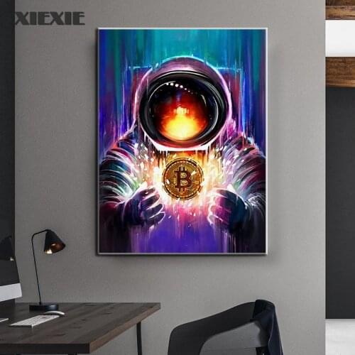 Bitcoin Spaceman Canvas Painting Nordic Inspirational Wall Art Poster and Prints Abstract Office Picture for Living Room Decor