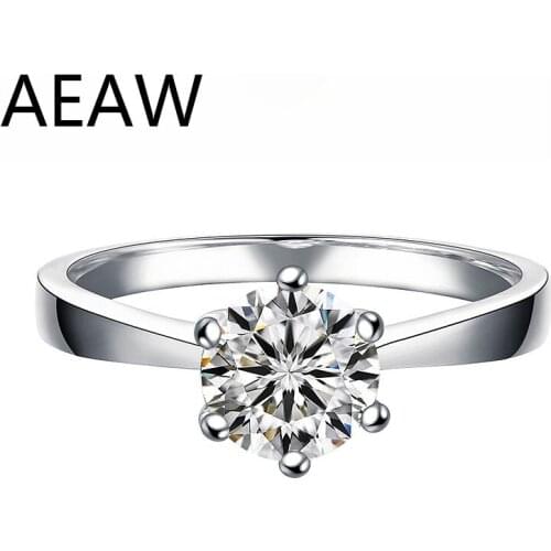 Solid 18K White Gold 1ct 6.5mm DF Color Solarite 6 Prong Moissanite Ring Lab Grown Diamond Engagement Ring For Women