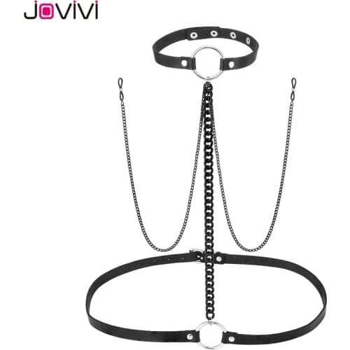 Jovivi 1x Leather Noose Fake Nipple Rings Choker Silicone Non Piercing Nipple Chain With Waist Belt Body Piercing Jewelry Black