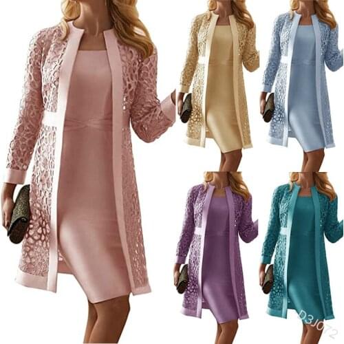 Two Piece Sets Dress and Outwear Women lace Coat Elegant Lady Casual Fashion 2021 Spring Suits Female