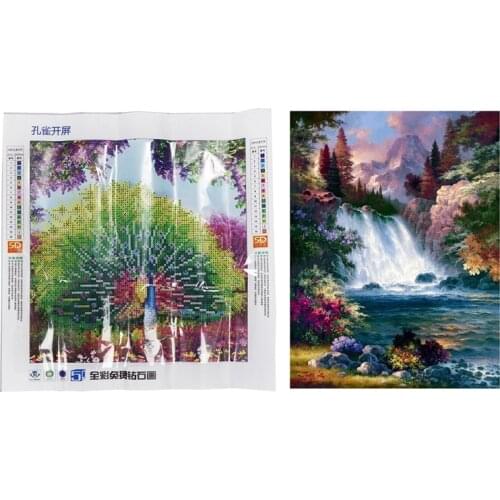 2 Set DIY 5D Diamond Painting Cross Needle Embroidery Peacock Wealth and Good Fortune Painting Decor & Waterfall Forest