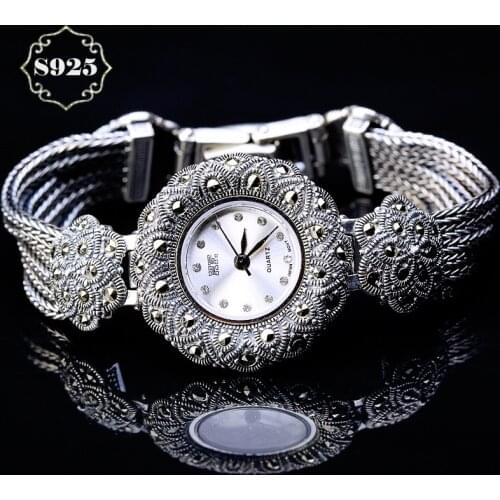 Limited Classic Elegant S925 Silver Pure Thai Silver Plum Flower Bracelet Watches Thailand Process Rhinestone Bangle Dresswatch