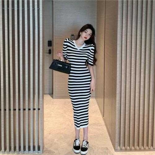 Striped Woman Dress Summer Style Korean Fashion Female Clothing V-neck Sexy Bodycon Dress Vestido Feminino Hipster New 2021