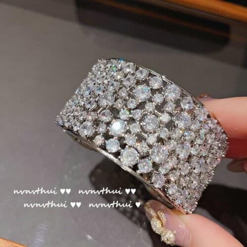 Trend Jewelry Real 925 Silver Pave Zircon Bracelet for Women Shiny Cubic Zirconia Opening Bracelets Bangle Wedding Jewelry Gift