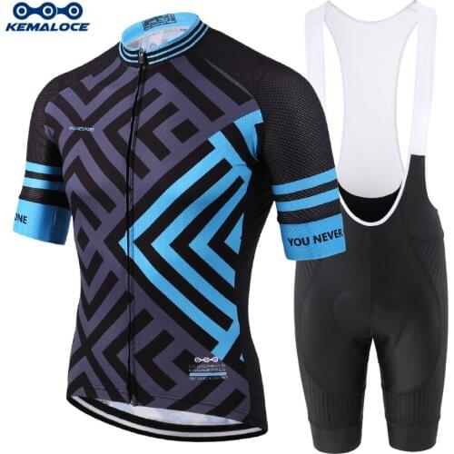 KEMALOCE Bike Jersey Blue Black Coolmax Men Breathable Half Sleeves Summer Cycling Wear Set Quick Dry Bicycle Gel Pad Bib Shorts
