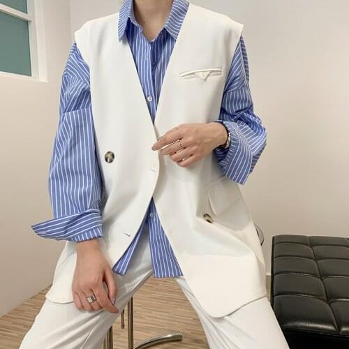 Korean Vintage Khaki Sleeveless Blazers Women Loose V-neck Double-breasted White Ladies Suit Waistcoat Casual Spring Autumn 2021