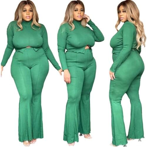Sexy Green Two Piece Set Turtleneck Crop Tops Flare Pants Women Festival Outfits Birthday Party Wear Plus Size Clothing 4XL