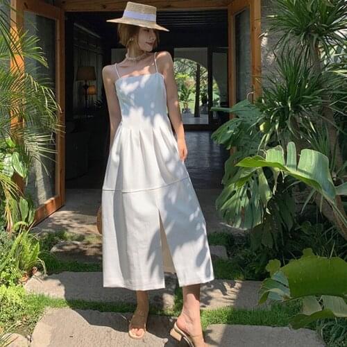 Fashion Summer Korean Vintage Sexy Sleeveless Midi Party Dress Ladies Elegant Streetwear Casual Strap Split Beach Vacation Dress