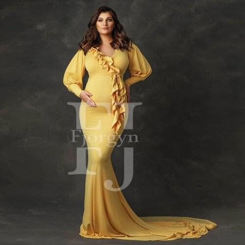 2020 Unique Chiffon Maternity Robes Women Mermaid Long Maxi Photoshoot Ruffles Long Sleeve V-Neck Robe Formal Event Dress