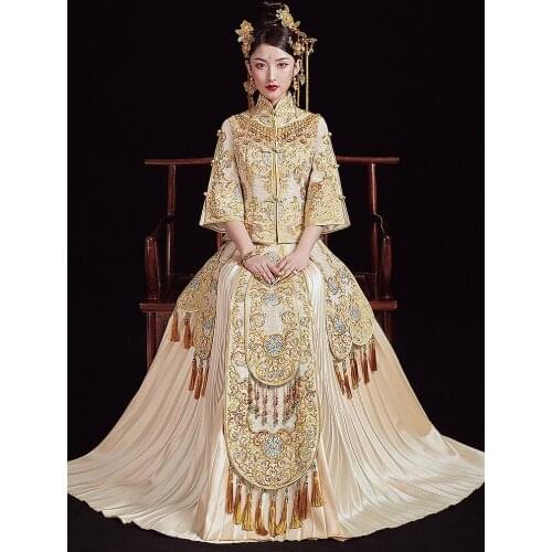 Women Champagne Embroidery Chinese Traditional Dress Wedding Bride Dragon Phoenix Vintage Cheongsam китайская одежда
