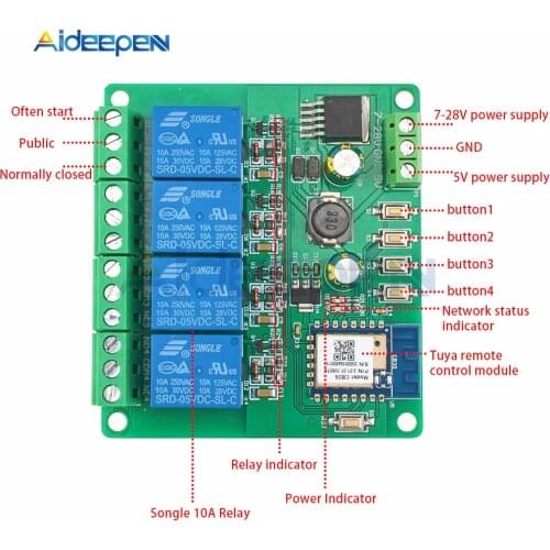 Tuya App Wireless Wifi Switch Module Remote Relay Module 4CH DC 12V 24V 5V AC 220V 250V 4 Channel APP Smart Switch for Arduino