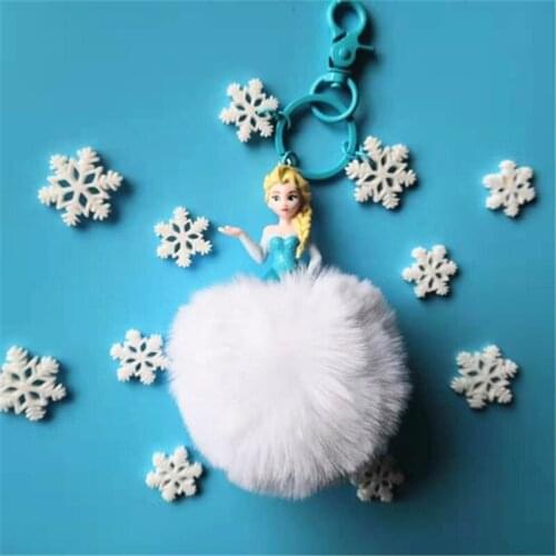 Disney Frozen Key Chain Queen Aisas New Hairball Pendant Keychain Snow Cartoon Princess Presents Around Animation Keyring
