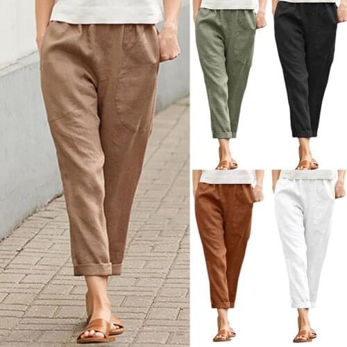 Solid Color Womens Pants Trousers Summer Breathable Cotton Linen Harem Pants Women Elastic Waist Straight Pants femme pantalon